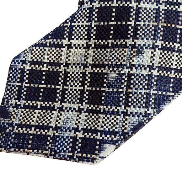 YSL Yves Saint Laurent FLAWED Mens Vintage Plaid Textured Neck Tie Navy Blue - Picture 4 of 16